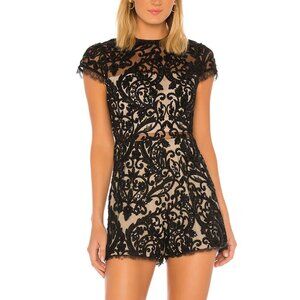 Alice + Olivia Alaina Black Mock Neck Romper with Sequin and Lace